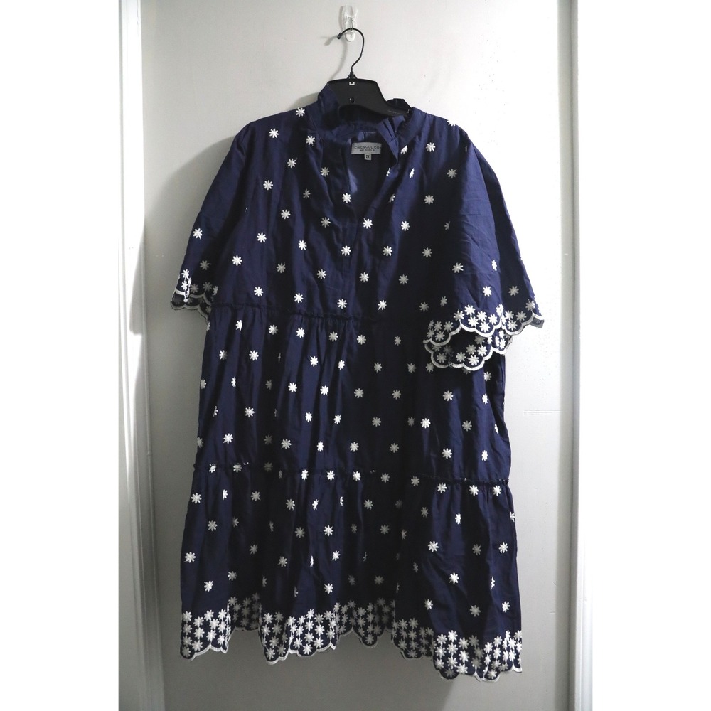 Chic Soul Navy Blue Floral Embroidered Tiered Cotton Babydoll Dress Plus Size 2X